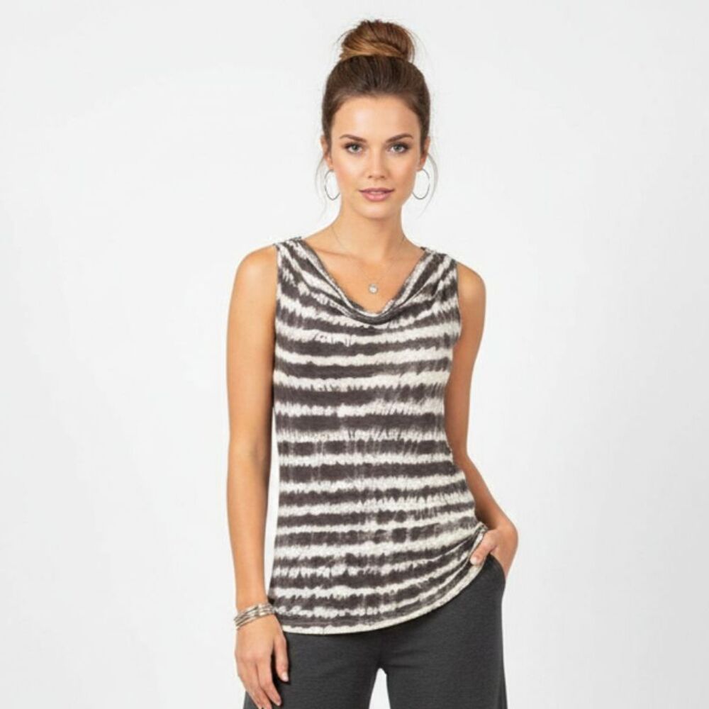 Max Mara 100% Linen Gray & Ivory Striped Sleeveless Drape Neck Top S